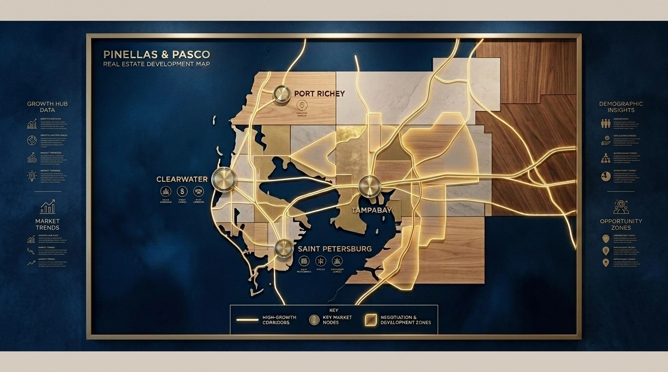 Map of Pinellas and Pasco Counties highlighting real estate growth corridors and buyer negotiation zones.