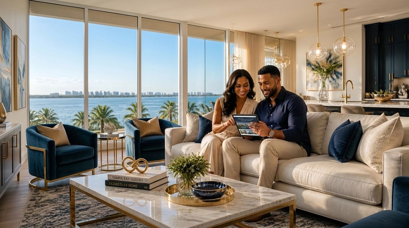 Couple in a modern Tampa Bay living room reviewing home buying options during the 2026 market recalibration.