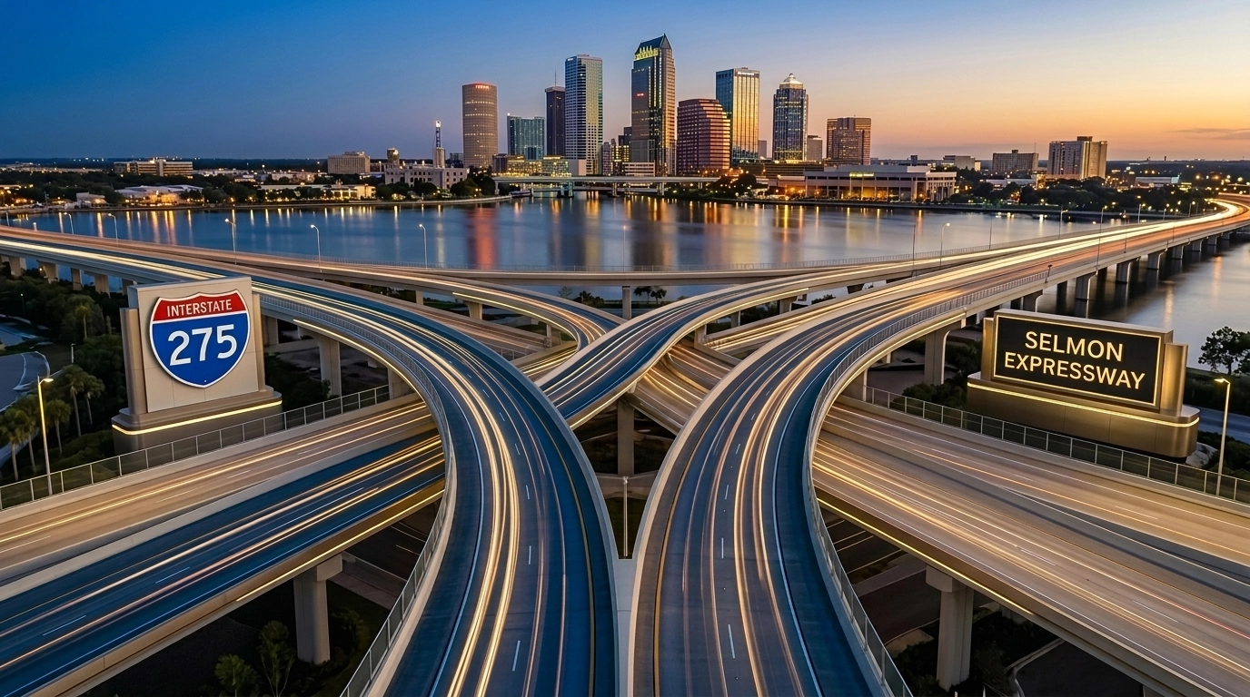 Aerial view showing the seamless highway connectivity between I-275 and the Selmon Expressway.