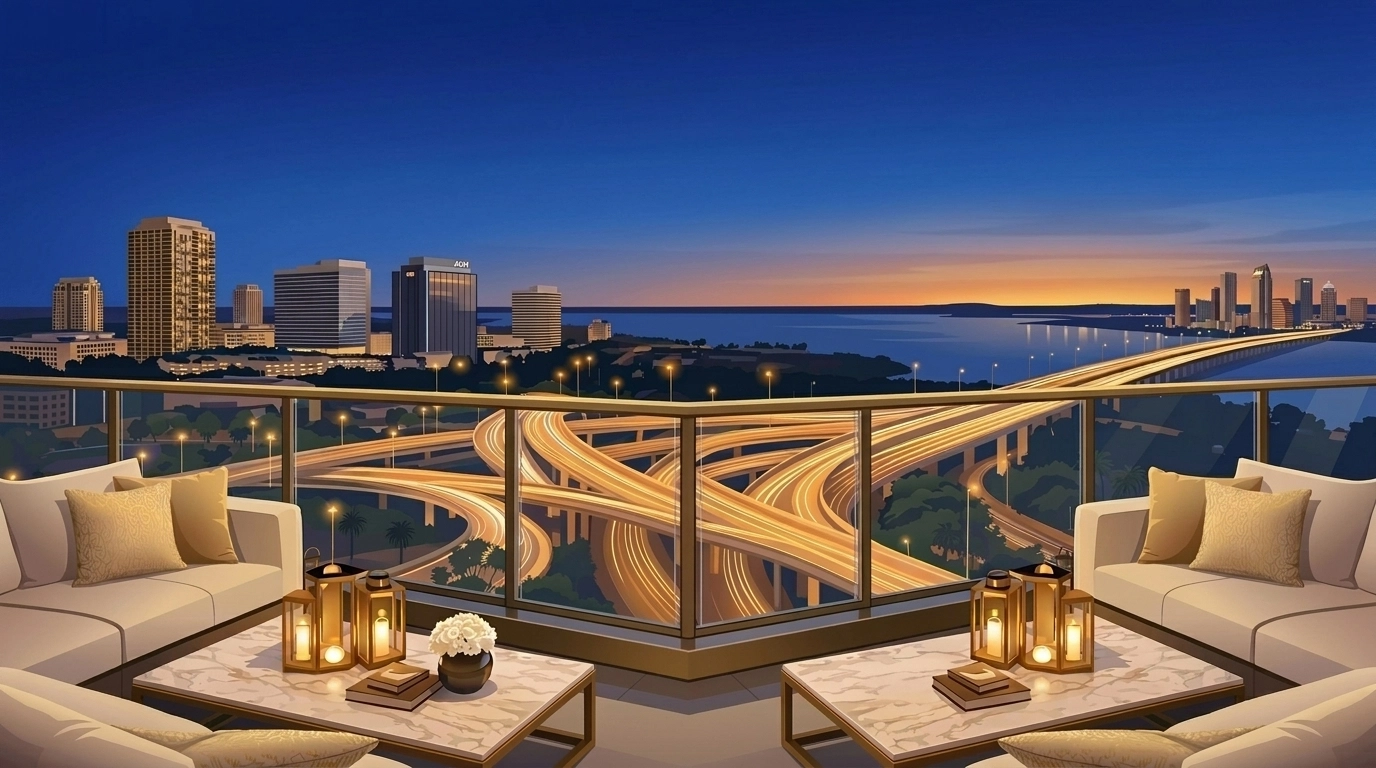 Modern Westshore skyline and infrastructure viewed from a luxury residential property in Tampa.