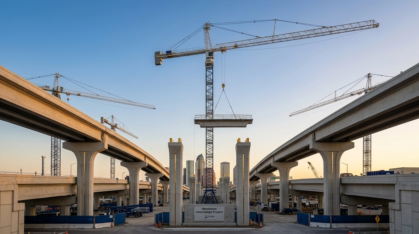 Ongoing construction of new bridge supports and flyover ramps at the Westshore Interchange in Tampa.