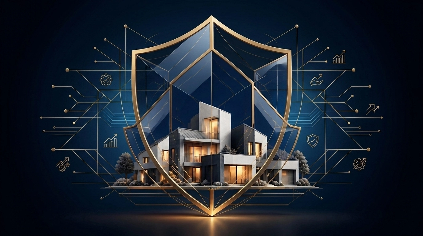 Abstract gold shield protecting modern homes, symbolizing strategic equity preservation and resilience.