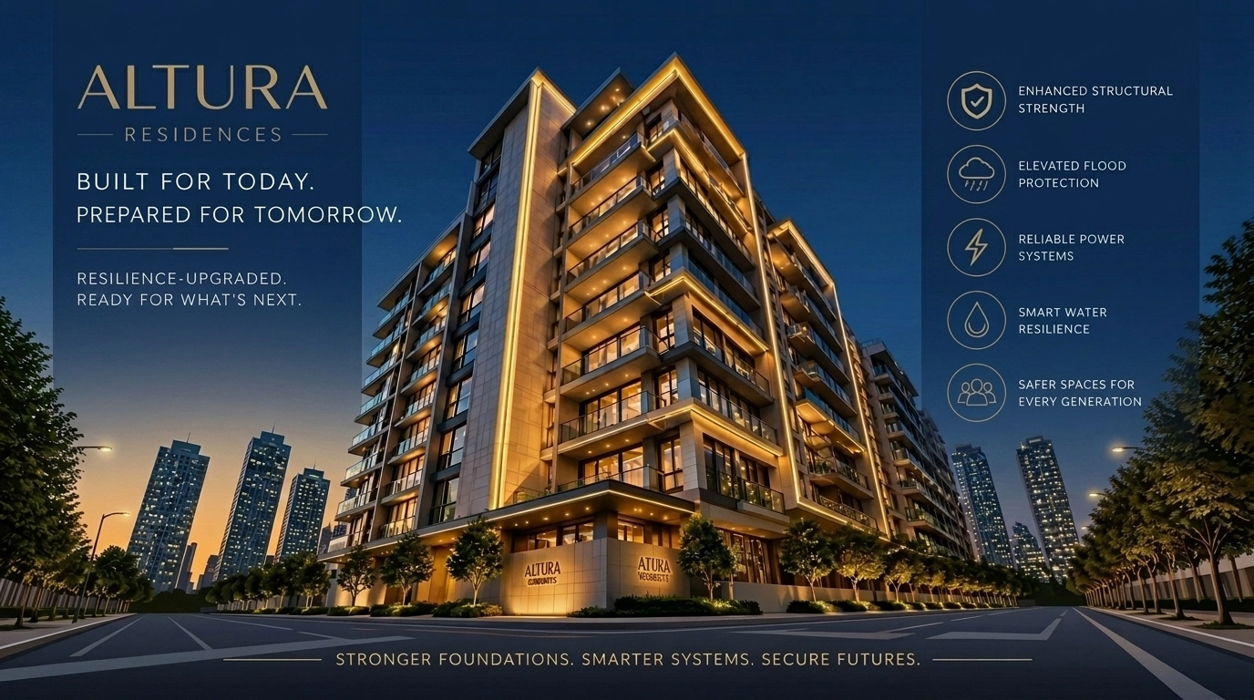 Luxury urban apartment building featuring resilience upgrades to increase long-term real estate wealth.