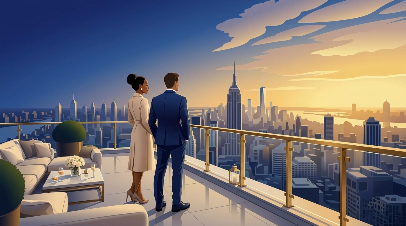 Real estate investors on a terrace overlooking the city, representing successful wealth building strategies.
