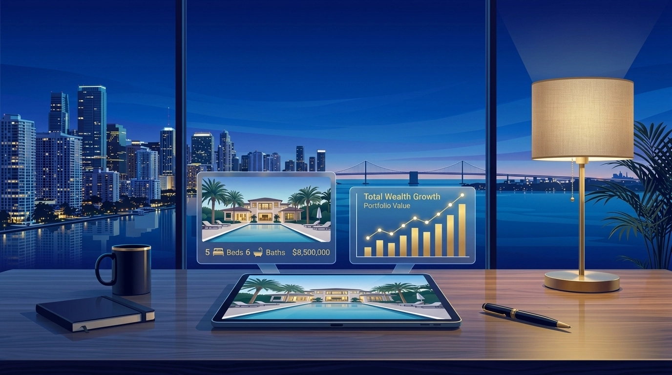 Digital tablet showing real estate listings and wealth growth charts overlooking the Tampa Bay skyline.