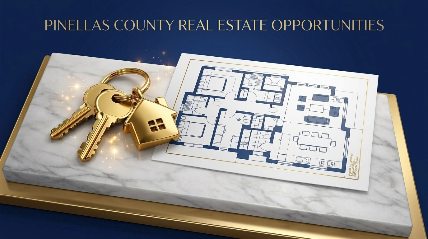 Gold house keys and blueprints representing real estate investment opportunities in Pinellas County.