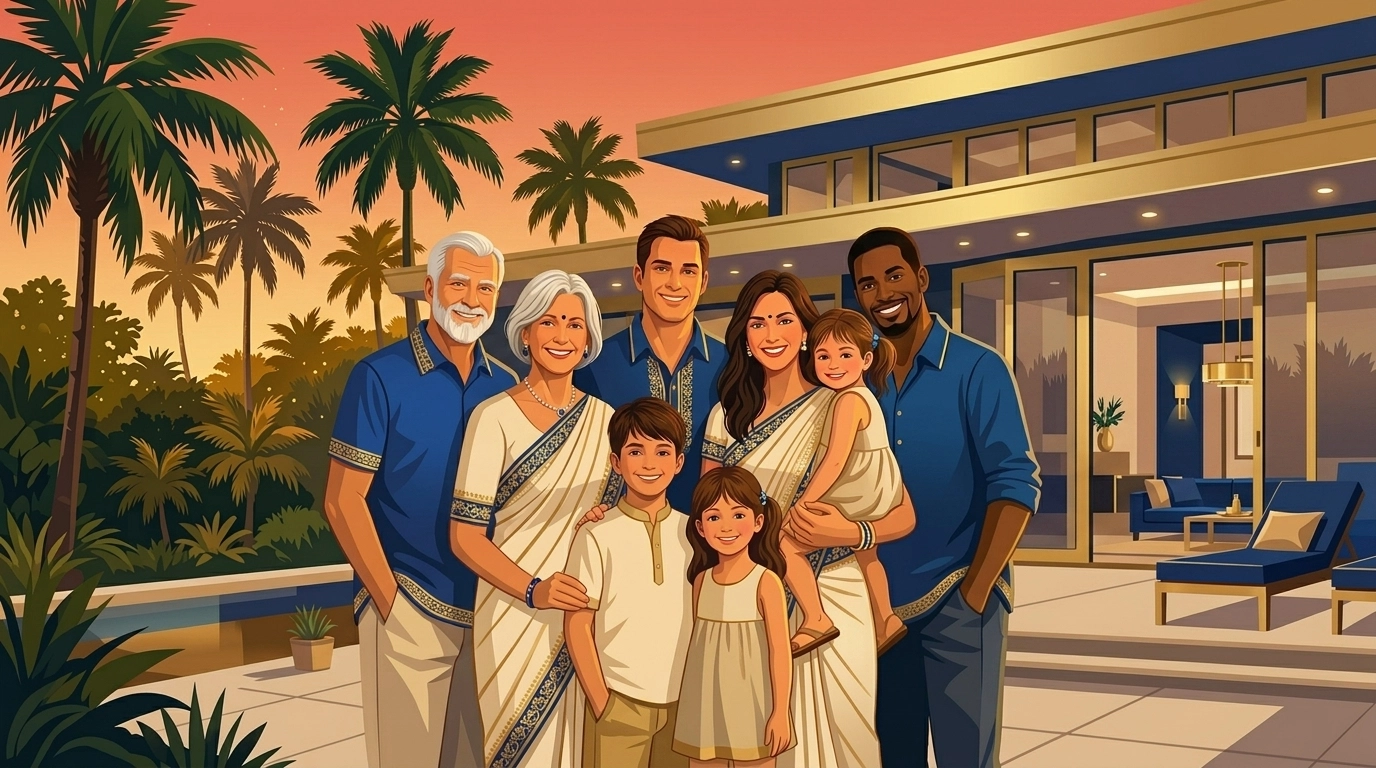 Multi-generational family in front of a modern home, representing generational wealth in Tampa Bay.