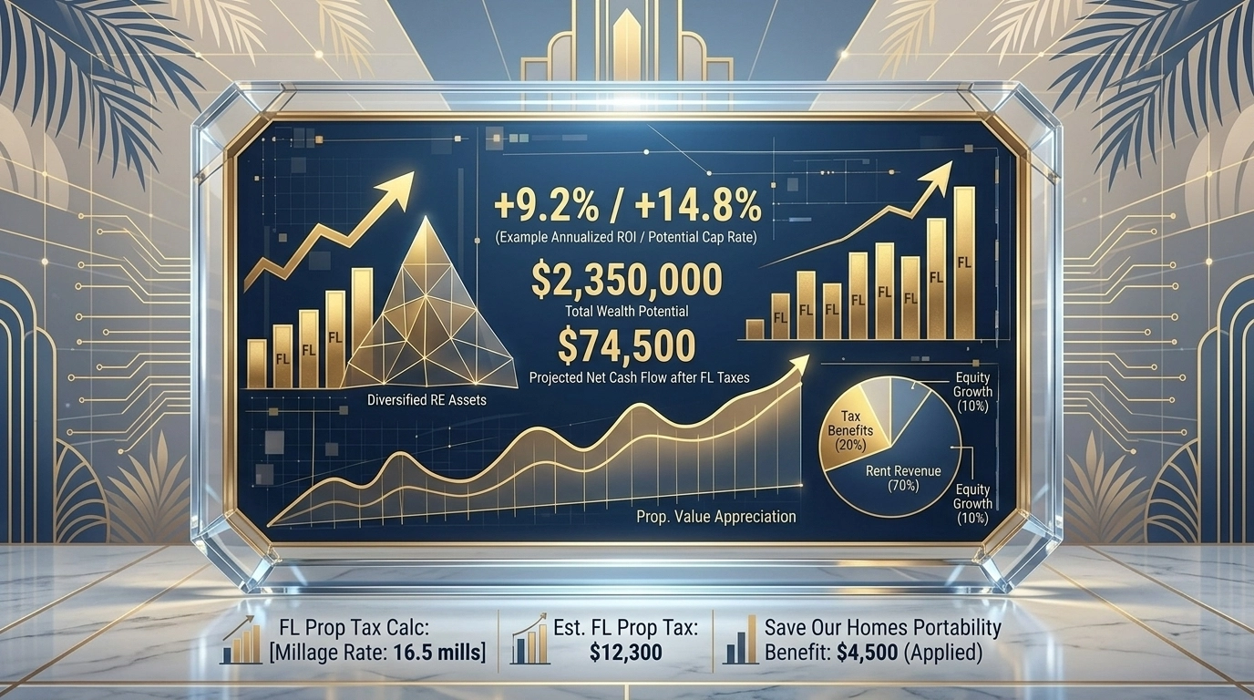 Data charts and ROI visualizations for calculating Florida investment property tax and wealth potential.