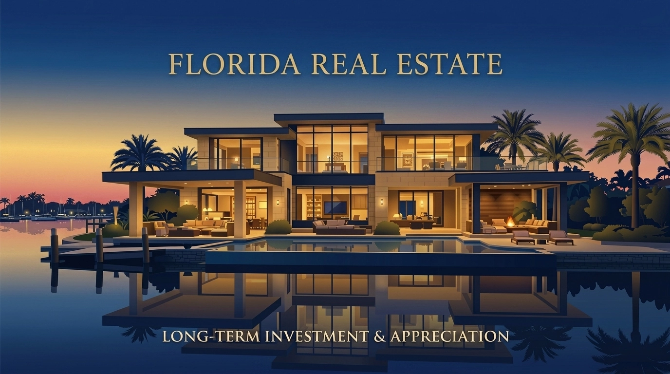Luxury contemporary Florida home at sunset illustrating long-term real estate investment and appreciation.