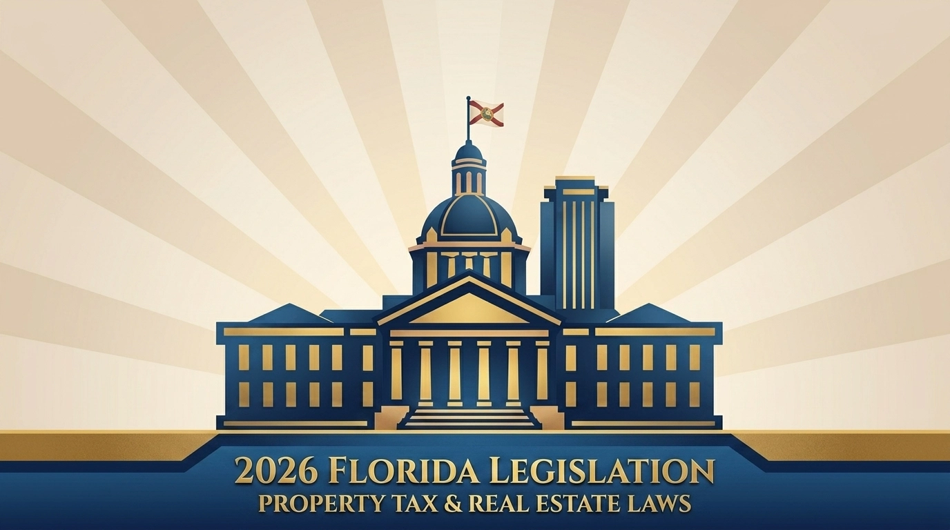 Stylized Florida Capitol building representing 2026 property tax legislation and real estate laws.
