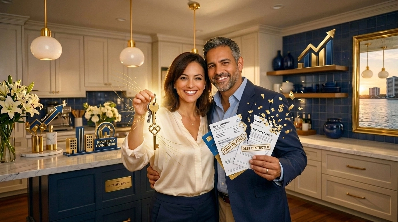A successful couple holding keys in a modern kitchen, signifying debt destruction and real estate wealth.