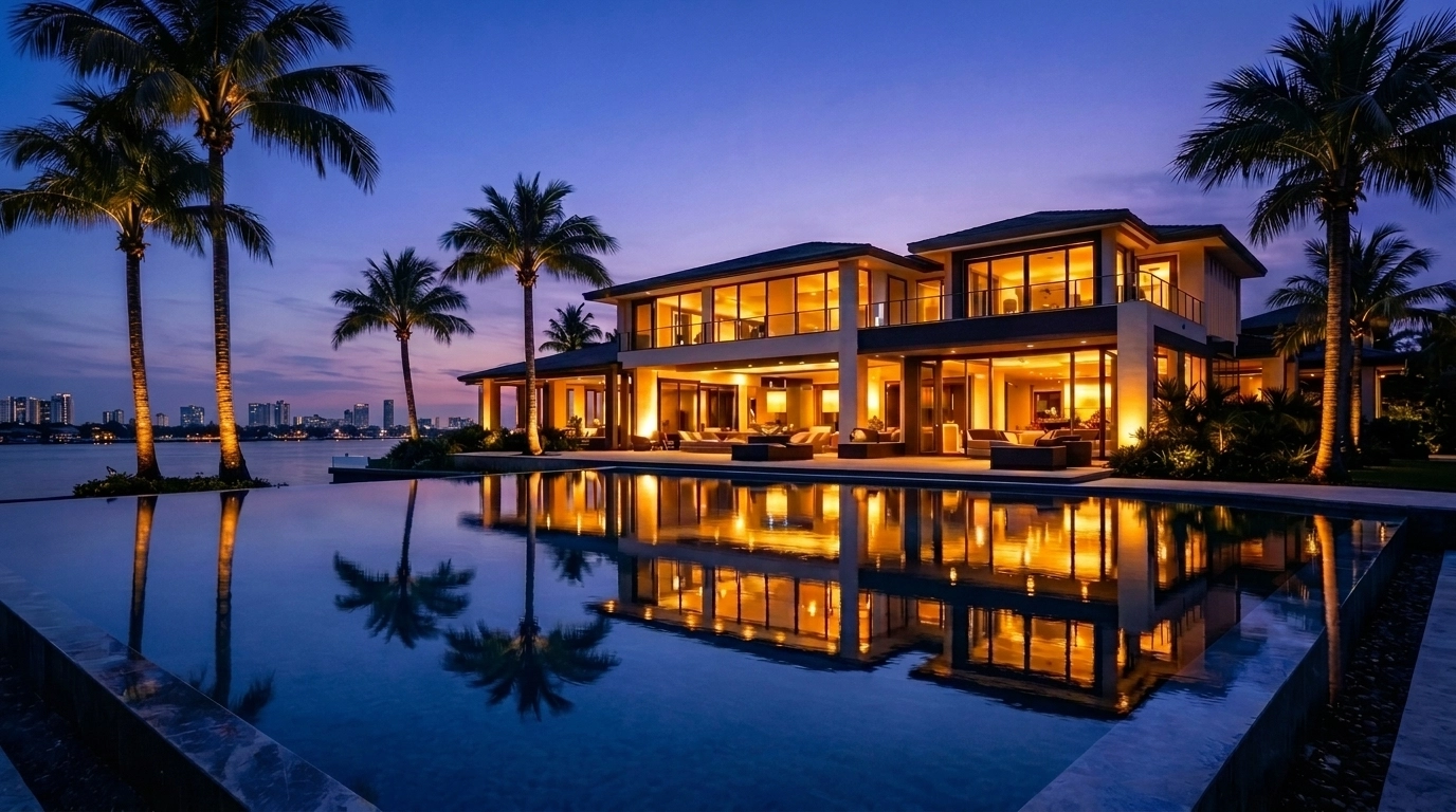 Luxury Florida waterfront estate with an infinity pool, highlighting high-tier real estate investment value.