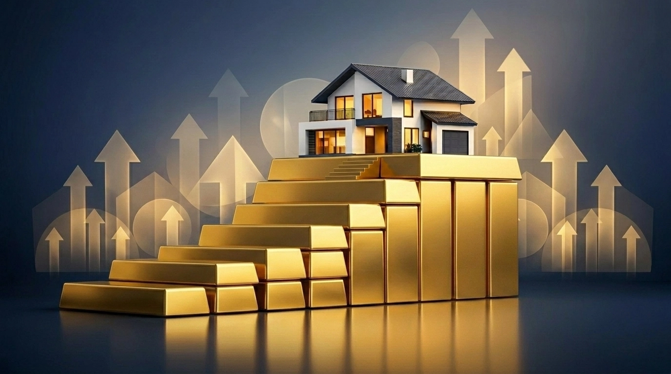 Modern house model on rising gold steps representing home equity growth and financial prosperity.