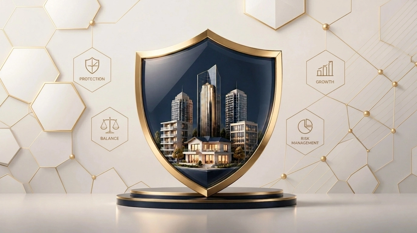 Gold and glass shield protecting property icons to illustrate real estate risk management and equity protection.