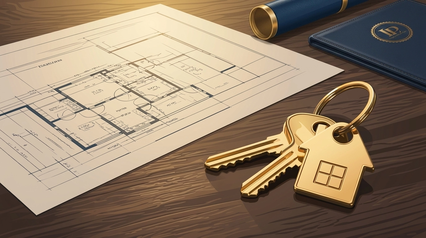 Gold house keys on architectural plans representing a long-term real estate legacy and property investment.