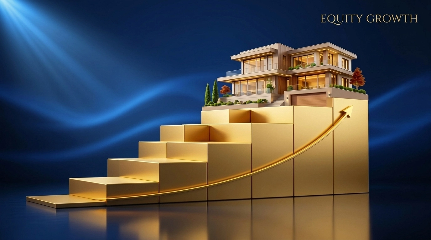 Modern luxury home on gold steps illustrating long-term real estate appreciation and equity growth.