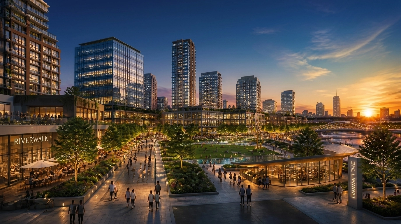 Modern urban development at sunset showcasing potential growth near major local infrastructure and Gasworx.