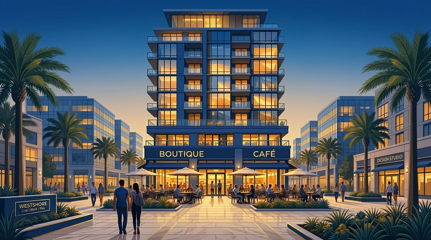 Luxury apartment building and retail shops in the growing Westshore live-work-play district of Tampa.