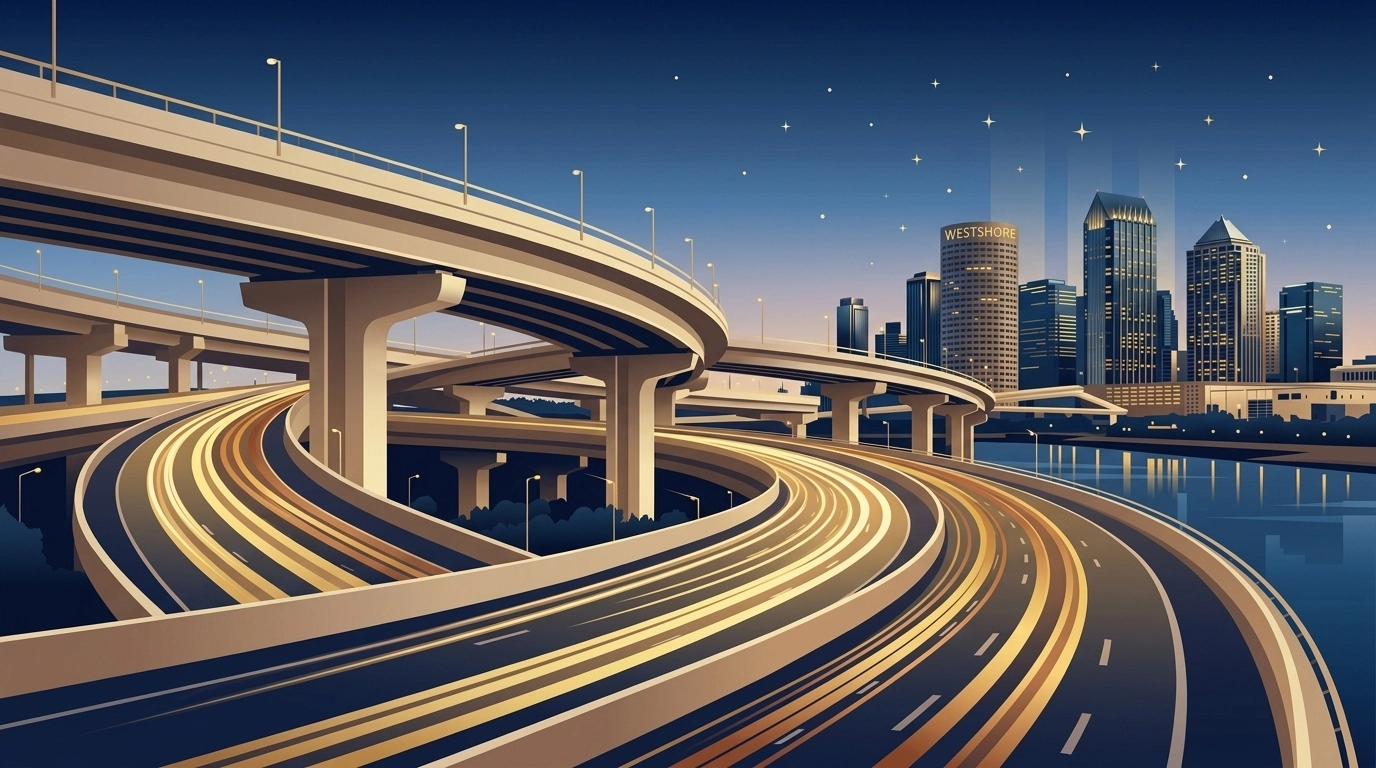Modern Westshore Interchange highway ramps in Tampa at twilight showing new infrastructure growth.