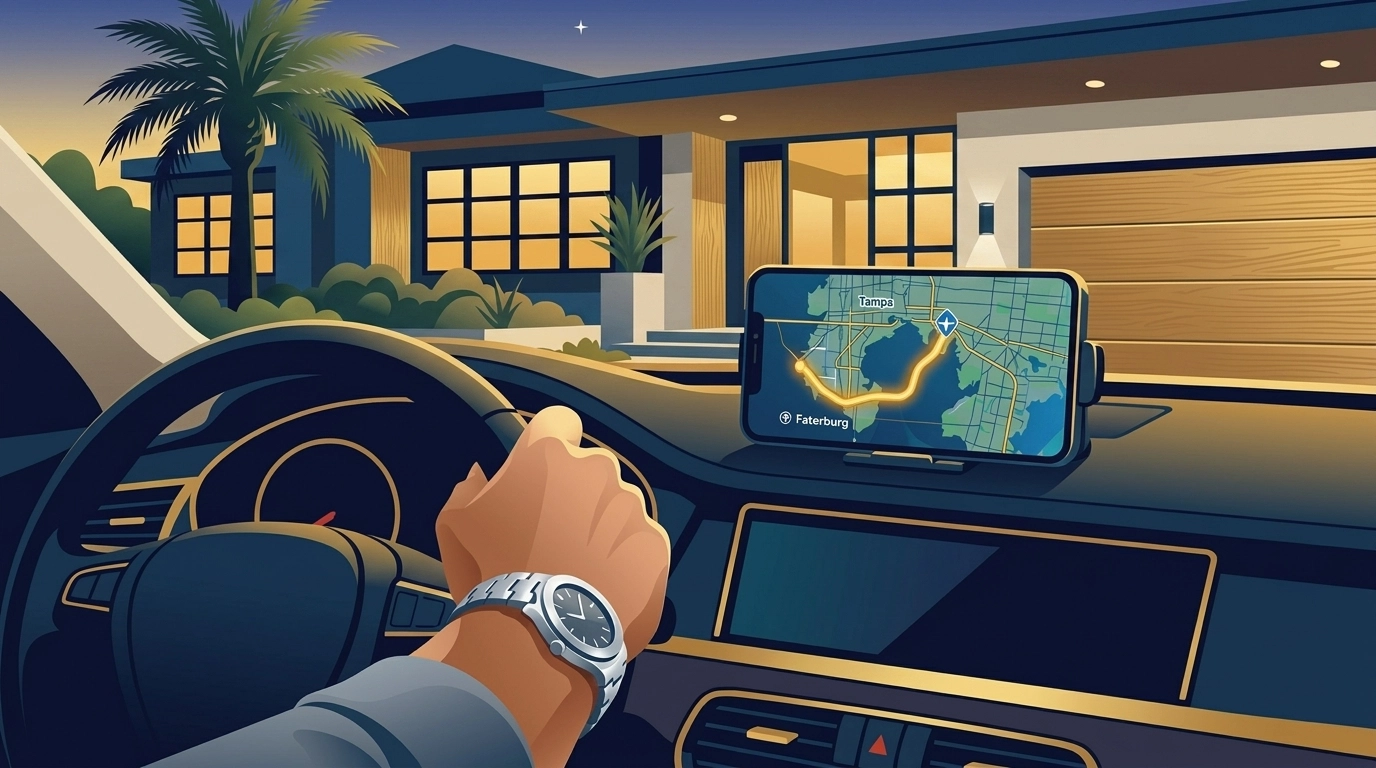 Professional driver using navigation for a faster Tampa commute from a modern suburban home driveway.
