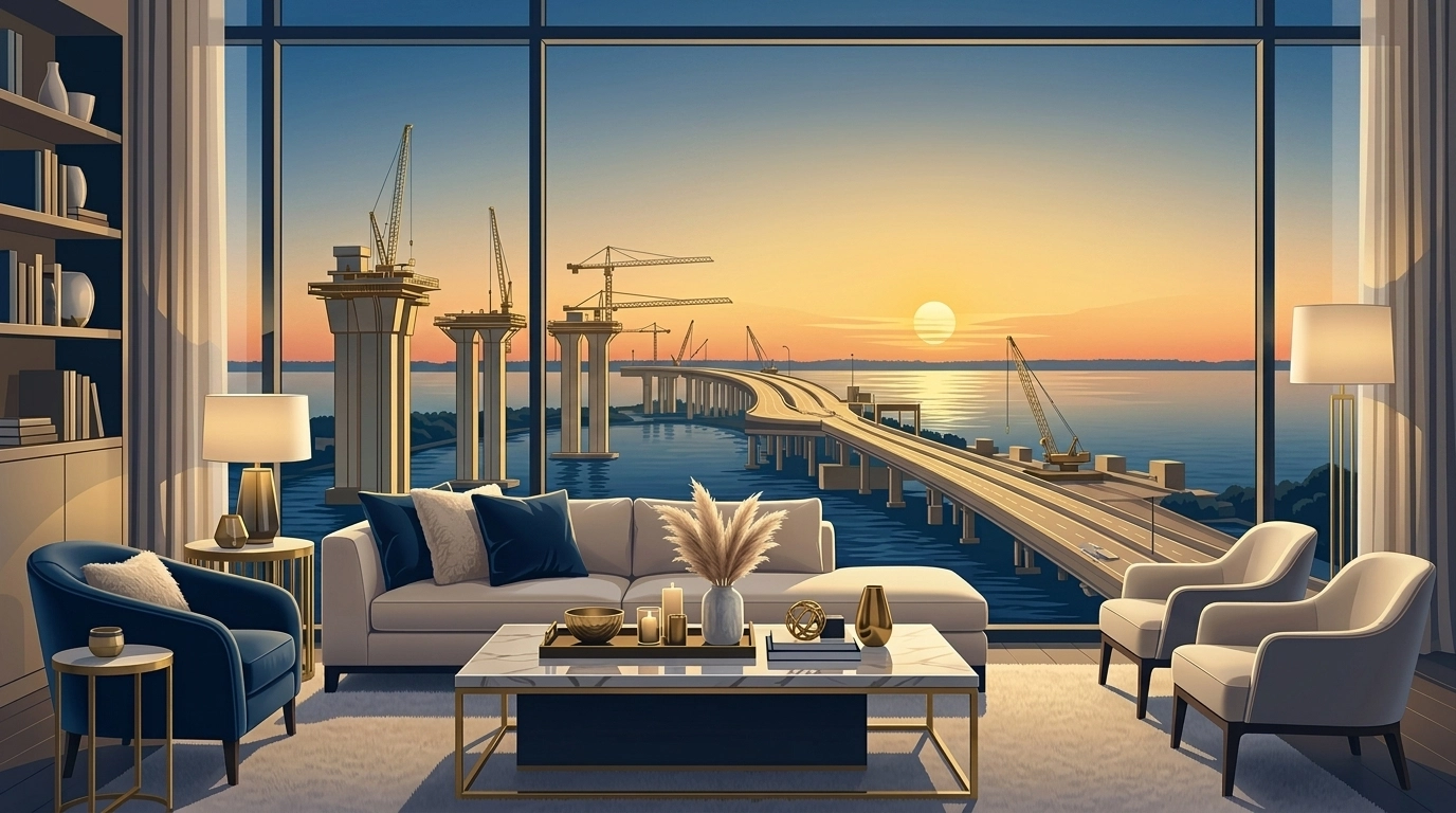 View of Tampa highway construction from a luxury South Tampa condo living room at sunrise.